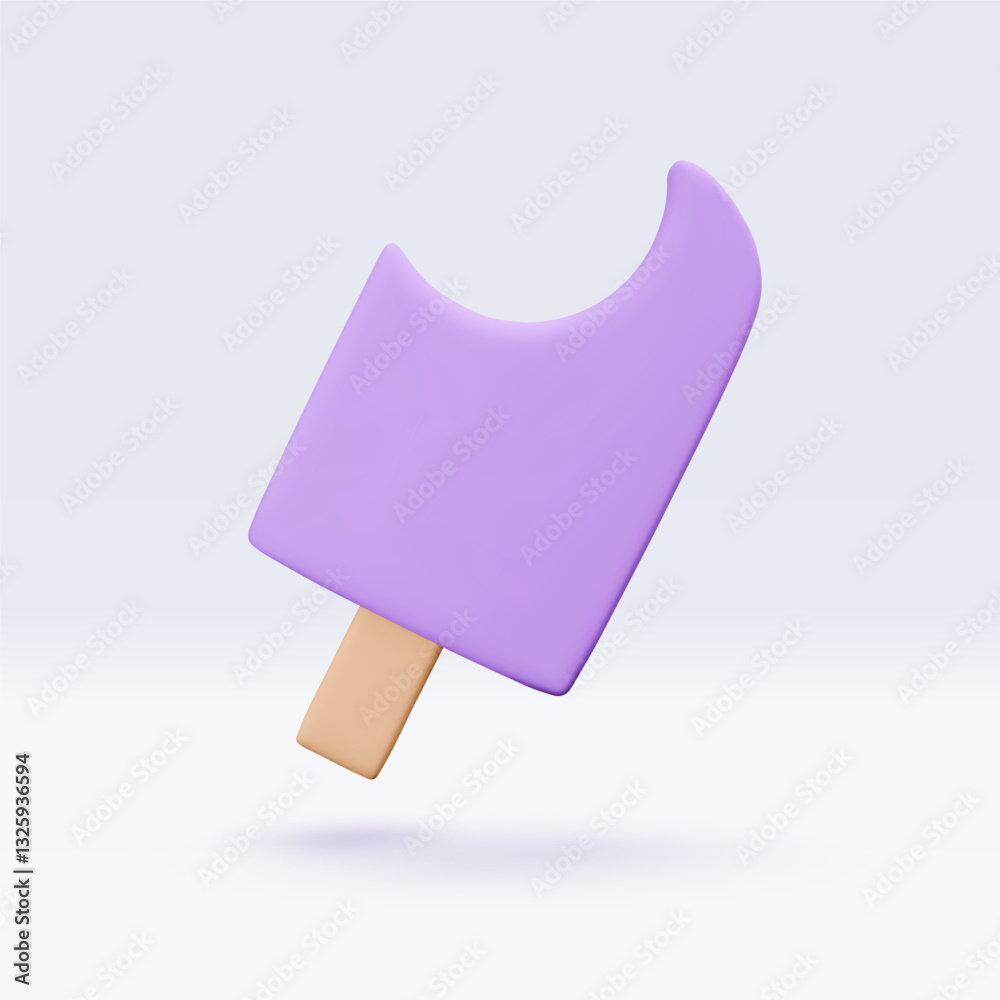 Bitten Ice cream, purple icon, 3d render. Design elements. Realistic fast food icon. Sweet food. Vector illustration isolated on white background for menu, shop, flyer, banner, web, advertising, sale