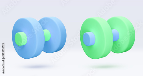 Blue and green Dumbbell Realistic icon, 3d render. Isolated on white backround. Sport And Fitness design set. Vector illustration for shop, flyer, banner, web, advertising, sale