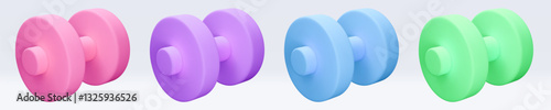 Blue, green, pink, purple, violet Dumbbell Realistic icon, 3d render. Isolated on white backround. Sport And Fitness design set. Vector illustration for shop, flyer, banner, web, advertising, sale