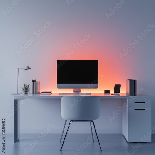 Minimalist hybrid workspace featuring a clean desk, smooth RGB glow, and muted tones. photo