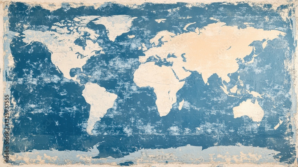 Fototapeta premium Vintage style world map in muted blue and cream with distressed texture