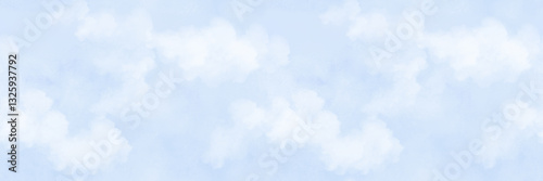 Blue sky and clouds. Natural and cloudy fresh blue sky background on seamless horizontal border. Watercolor digital illustration. Bright blue sky with fluffy white clouds on sunny day