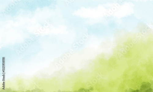 Summer rural landscape with hills under blue sky and white clouds. Watercolor digital illustration. Landscape view of green grass on mountain slope with blue sky and fluffy clouds