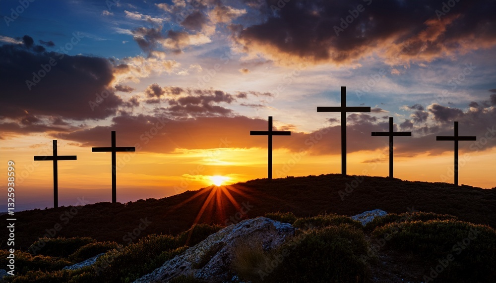 Obraz premium A powerful scene of three crosses silhouetted against a dramatic sunset sky, symbolizing Christ’s crucifixion and redemption. The vibrant colors of the sky enhance the solemn and sacred atmosphere. 