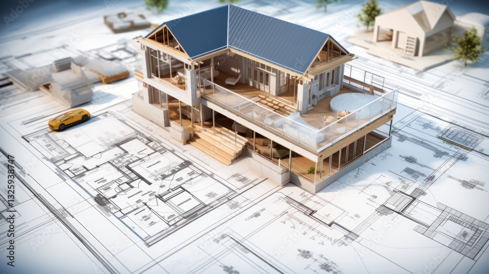 vision of architecture of a 3d model house project with blueprint