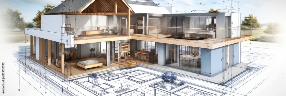 architecture of a 3d model house project with blueprint