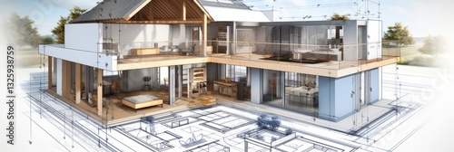 Obraz na płótnie architecture of a 3d model house project with blueprint w salonie