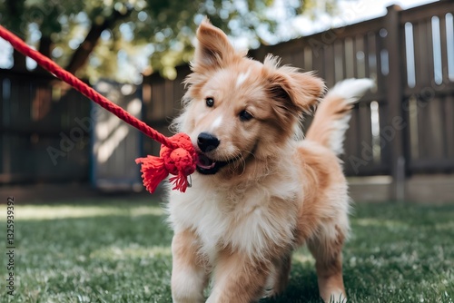 Cute Puppy Tugging on a Rope Toy with Excitement in the Backyard
