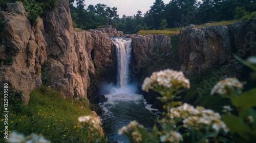 Majestic Waterfall Sunset  Cascading Water  Rugged Cliffs  Cottagecore