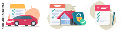 Health care medical Insurance icon, real estate property agreement policy vector, motor car liability coverage illustration set modern design, sell buy rent claim document, auto check up test image