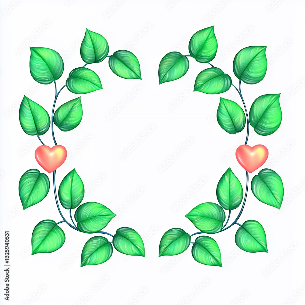 Fototapeta premium Bright Green Leaves Frame with Two Coral Hearts on White Background