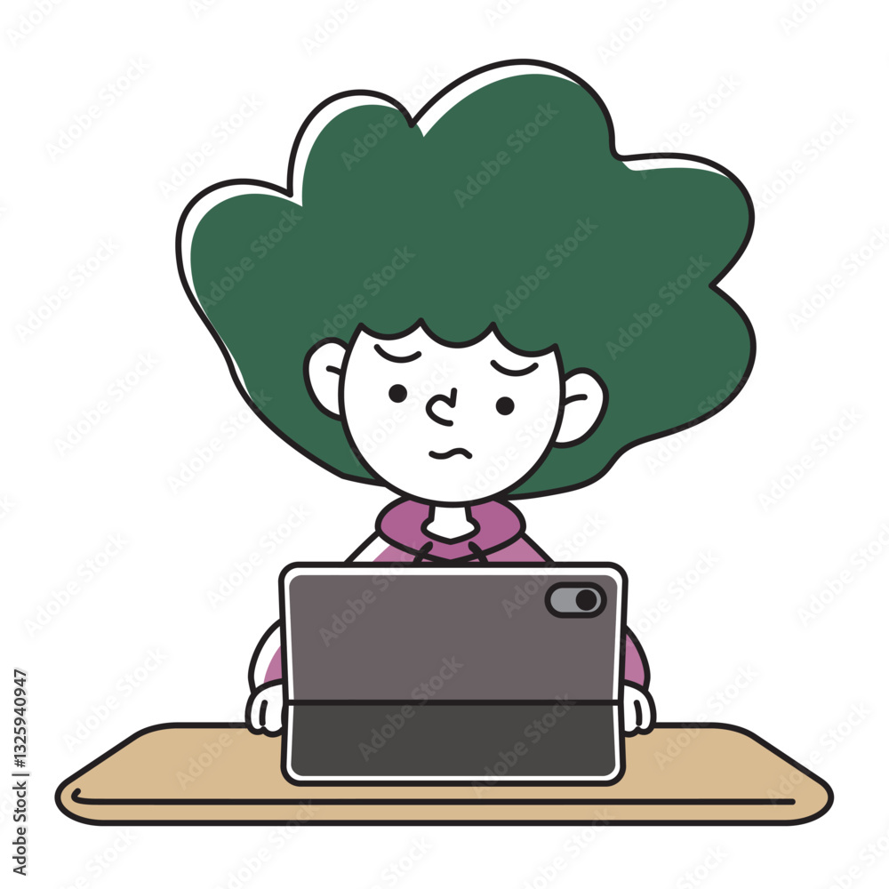 タブレット端末で学習をする子供のベクターイラスト