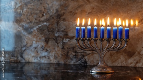 A beautifully lit menorah with blue candles placed on a sleek marble surface, radiating warmth and elegance in a refined setting photo