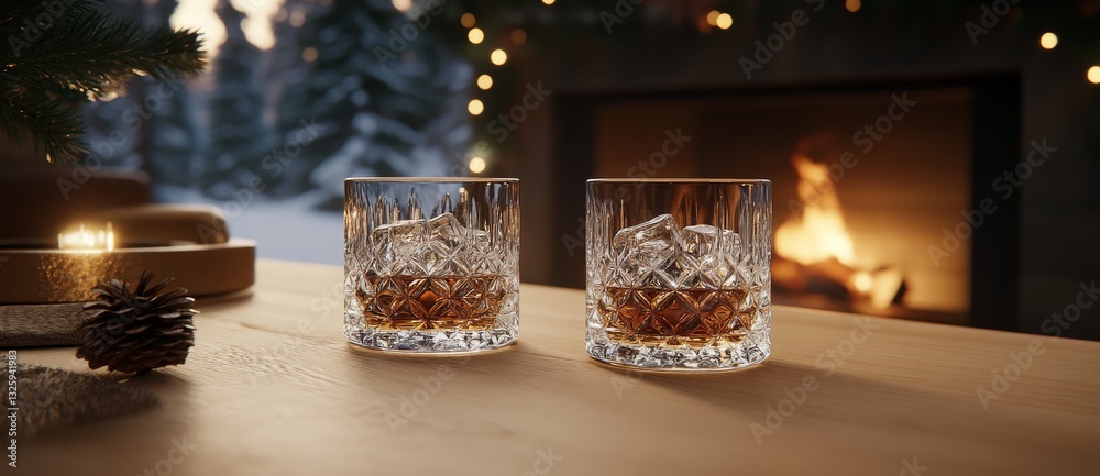 Whiskey glasses brimming with ice set beside a warm fireplace create a snug ambiance perfect for relaxation and pleasure Whiskey glasses brimming with ice set beside a warm fireplace create a snug ambiance perfect for relaxation and pleasure