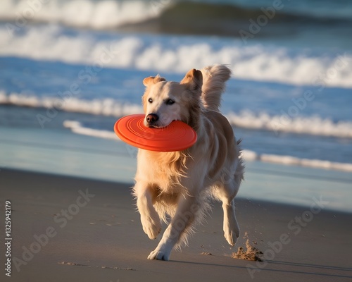 Dog with a Frisbee in Its Mouth, Running Across the Beach 