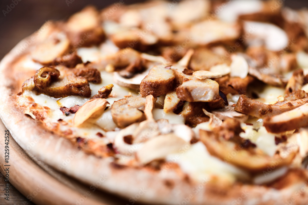 Gyros Pizza with with champignons and mozzarella cheese. Wooden background. Soft focus Gyros Pizza with with champignons and mozzarella cheese. Wooden background. Soft focus