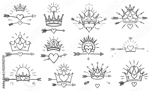 Hand drawn heart designs featuring arrows and crowns, showcasing love and royalty. These artistic elements evoke sense of creativity and passion, perfect for various projects