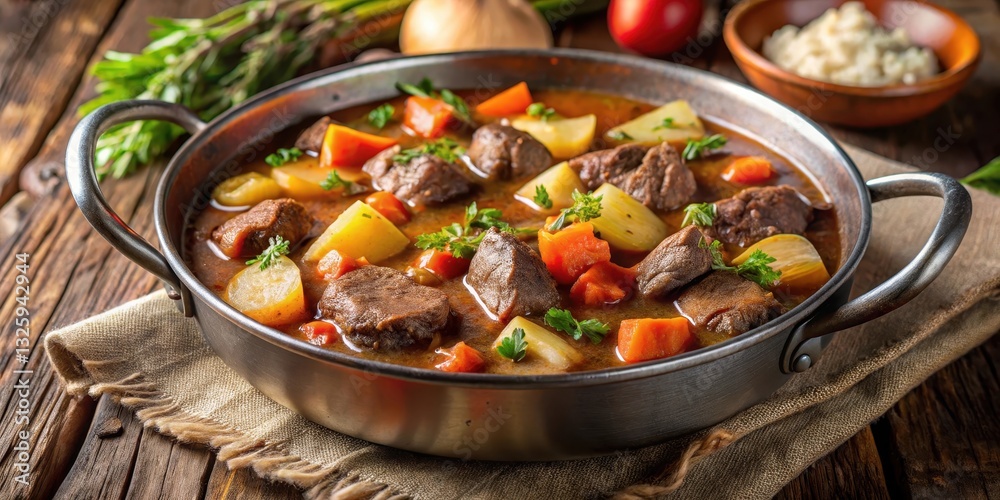 A rich and savory beef stew made with tender chuck steak and vegetables in a flavorful broth, served hot from a cauldron , european cuisine, hearty meal A rich and savory beef stew made with tender chuck steak and vegetables in a flavorful broth, served hot from a cauldron , european cuisine, hearty meal