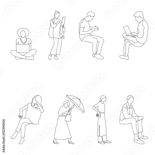 A set of minimalistic one-line silhouettes of people in various poses, perfect for architectural plans, presentations, and graphic design projects.