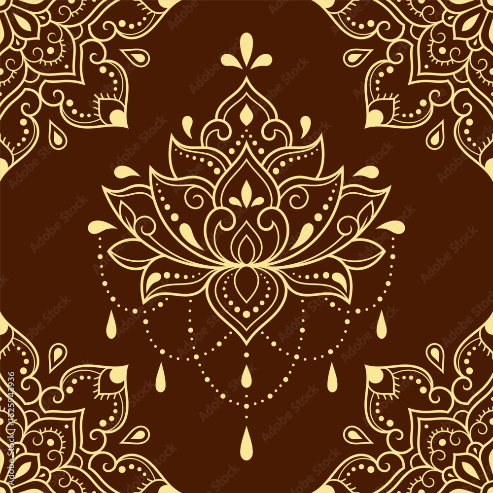 Seamless decorative ornament in ethnic oriental style. Lotus flower and mandala for Henna, Mehndi, tattoo, decoration. Doodle outline hand draw vector illustration. Seamless decorative ornament in ethnic oriental style. Lotus flower and mandala for Henna, Mehndi, tattoo, decoration. Doodle outline hand draw vector illustration.