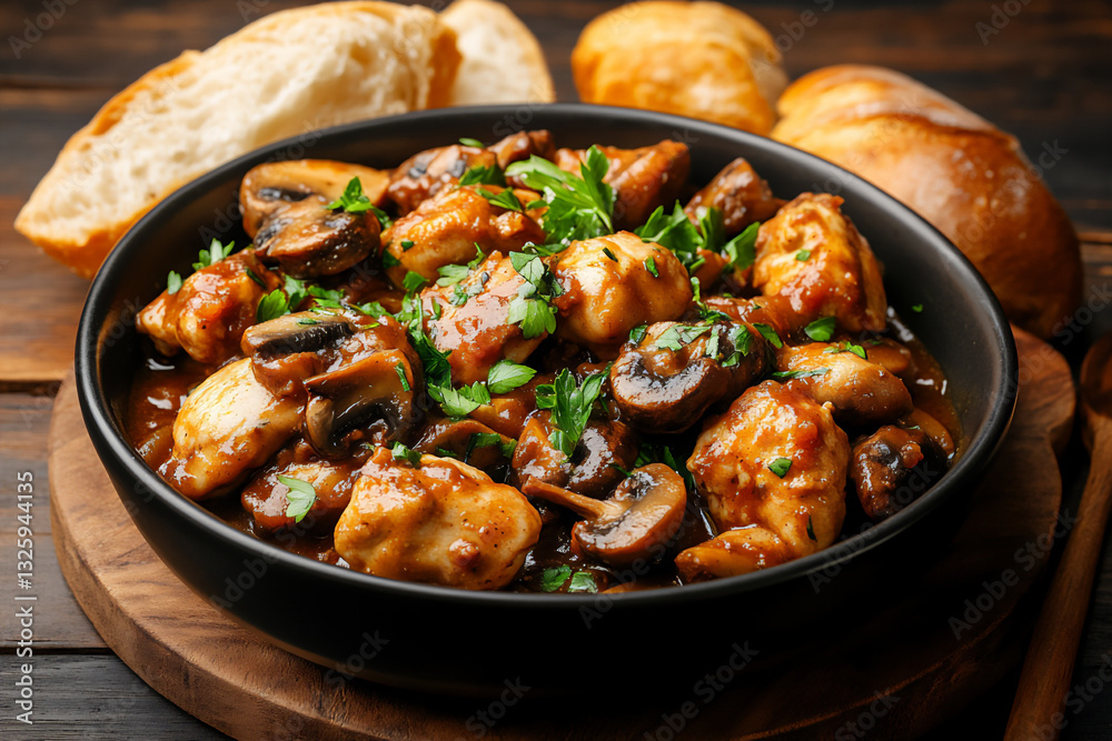 a bowl of chicken with mushrooms in a tomato sauce,