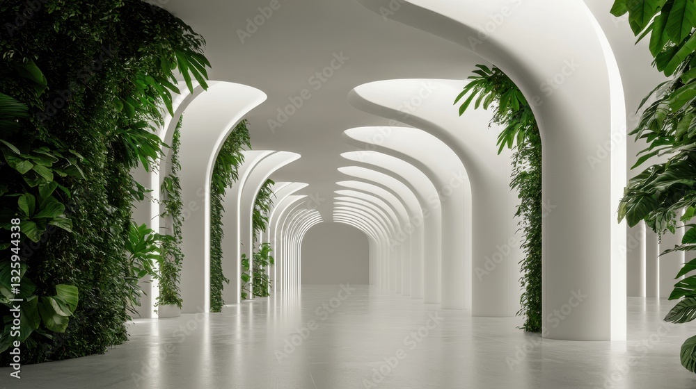 Fototapeta premium A modern, sleek corridor adorned with lush greenery and elegant arches, creating a serene and inviting atmosphere.