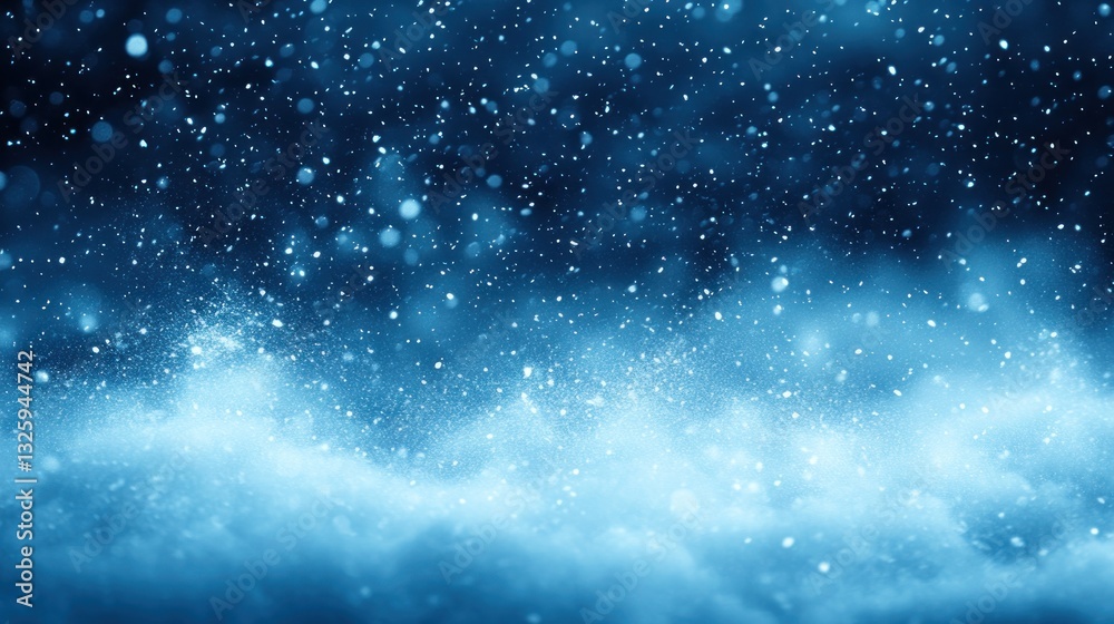 Fototapeta premium Falling snow, winter night, snowy landscape, blizzard, cold, dark blue background.