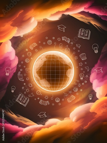 Globe with Floating Educational Icons Around It, Representing Global Learning