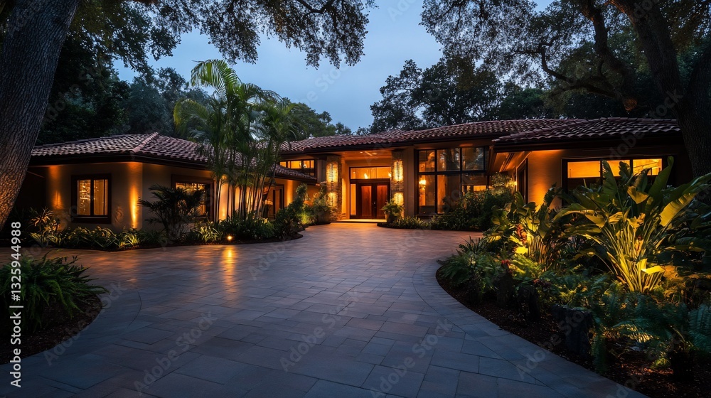 Fototapeta premium Elegant mediterranean style home with illuminated landscaping at dusk