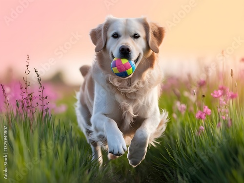 Happy Dog Playing with a Colorful Rubber Ball in a Green Field 