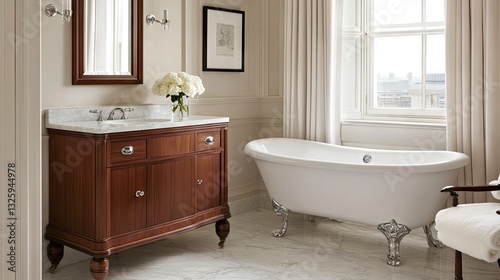 Contemporary freestanding bathroom vanity with a marble top.