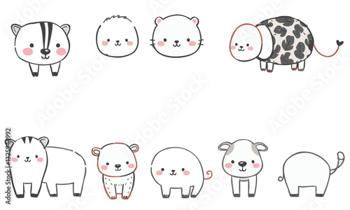 Cute animal doodles featuring various adorable creatures with playful expressions. These charming illustrations include skunk, bear, panda, sheep, and more, perfect for children designs