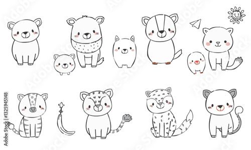 Cute animal doodles featuring various adorable creatures in black and white, showcasing playful expressions and charming designs. Perfect for children illustrations or playful decor