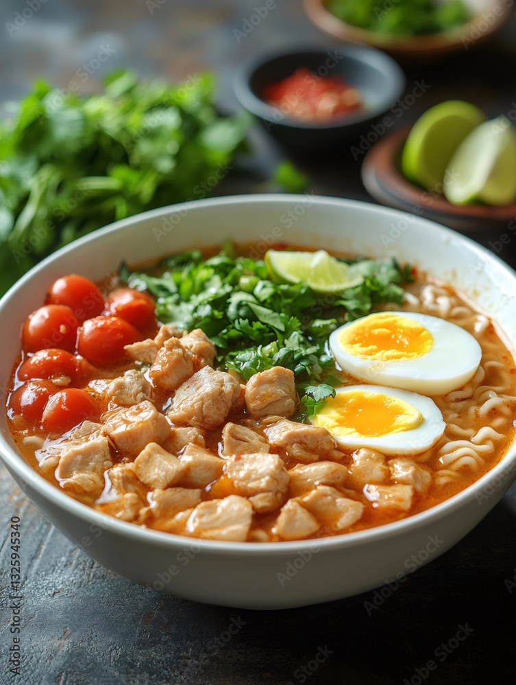 Spicy chicken ramen with egg, tomatoes, and cilantro Spicy chicken ramen with egg, tomatoes, and cilantro