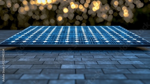 Solar panel installation on rooftop with blurred lights