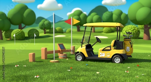 A vibrant 3D render of a golf course cart park in a playful golf setting.