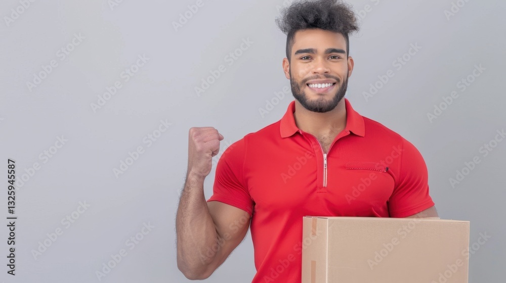 Happy Delivery Man Celebrating Successful Shipment with Cardboard Box on Gray Background Happy Delivery Man Celebrating Successful Shipment with Cardboard Box on Gray Background