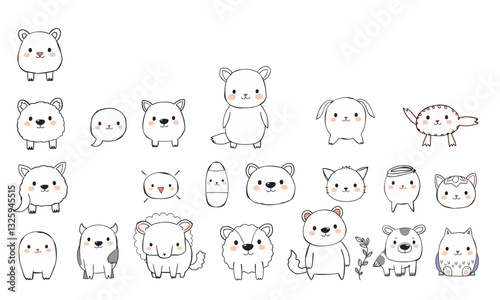 Cute animal doodles featuring various adorable creatures in playful style. collection includes panda, fox, rabbit, and more, all designed with charming expressions and simple lines