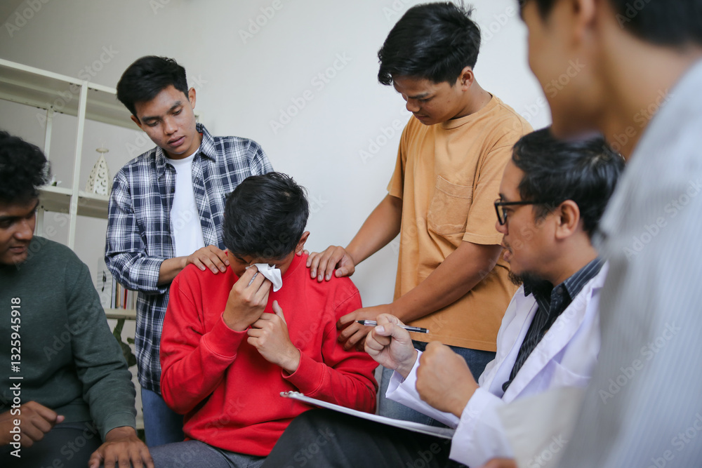 Portrait Of Sad Young Man Crying During Group Therapy Session And Friends Support Portrait Of Sad Young Man Crying During Group Therapy Session And Friends Support
