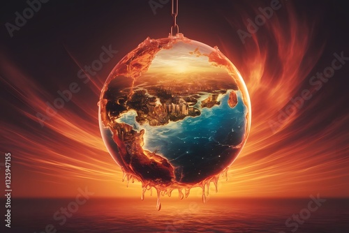 Melting Glass Globe Depicting Climate Change and Global Warming Effects 
