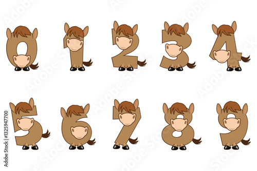 Funny Character Horse Numbers, figures 0-9. Cartoon of numbers with a animal concept. Calligraphy, lettering, typography for your Education cards or game