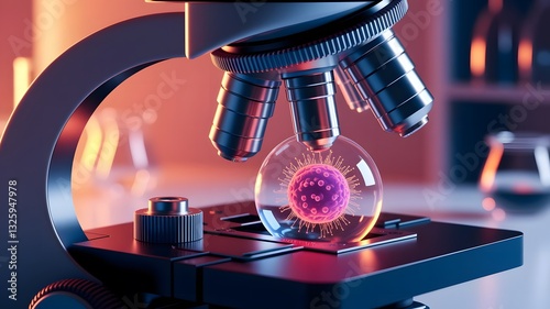 Microscope with a Droplet of Liquid Containing a Visible Cell Structure 