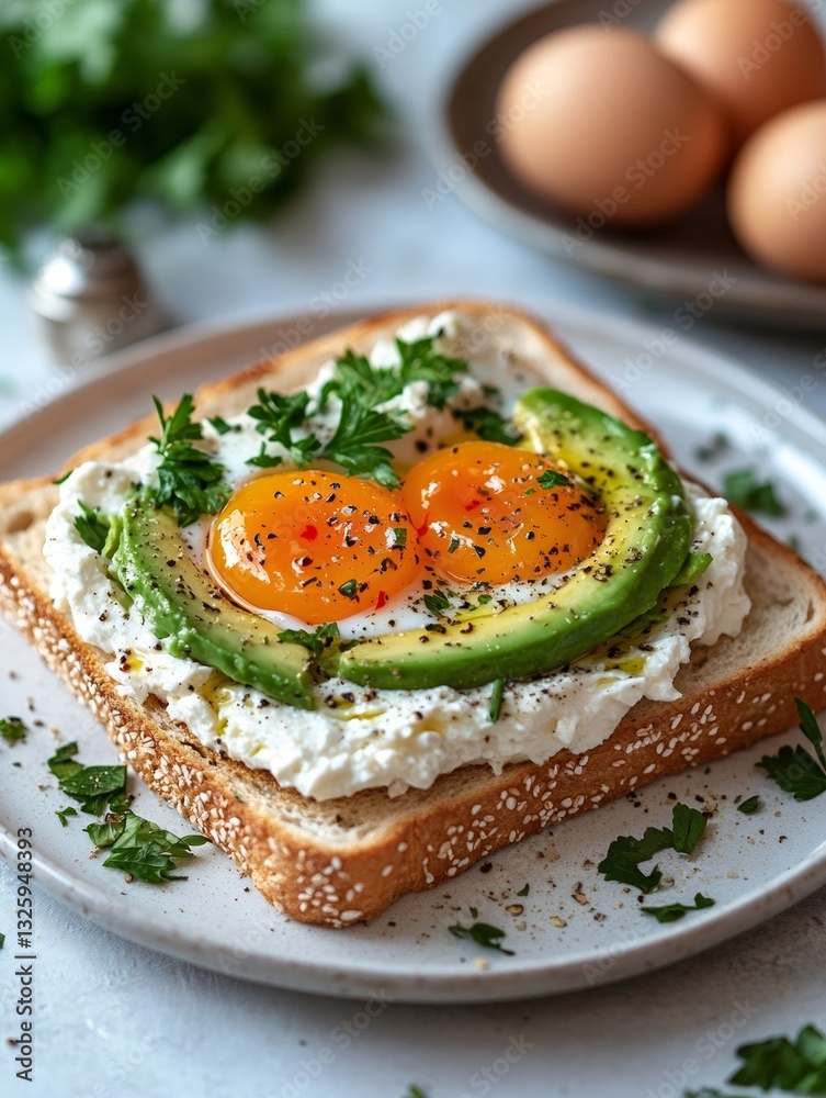 Delicious toast with avocado, ricotta and eggs for healthy breakfast Delicious toast with avocado, ricotta and eggs for healthy breakfast