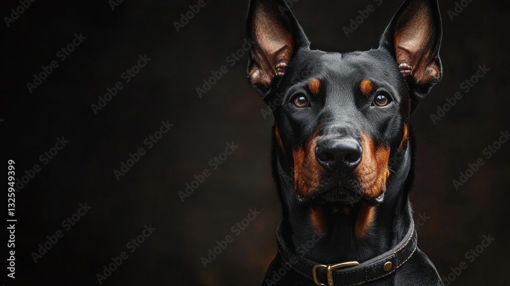 A studio shot of a doberman on the dark background A studio shot of a doberman on the dark background