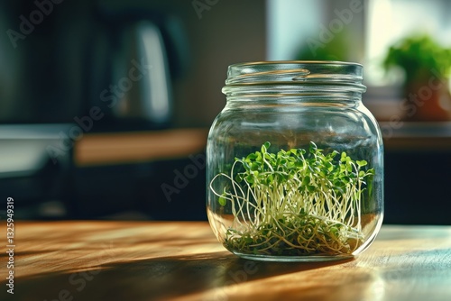 Fresh sunflower sprouts growing in a glass jar on a wooden table, showcasing healthy eating and homegrown food, ideal for culinary and nutrition themes and food preparation.