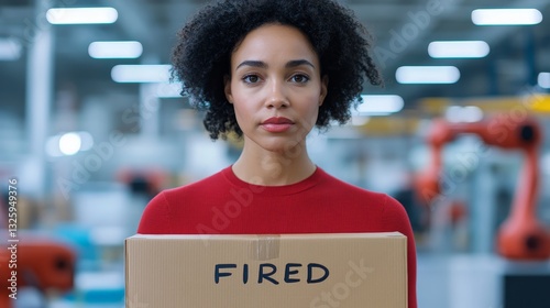 Woman holding fired notice in warehouse, reflecting job loss during busy work environment