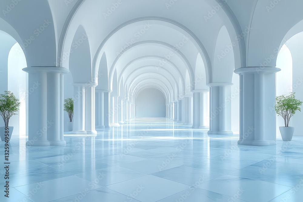 3D rendering of a white empty room with arches on both sides, minimalist design, modern architectural space. 3D rendering of a white empty room with arches on both sides, minimalist design, modern architectural space.