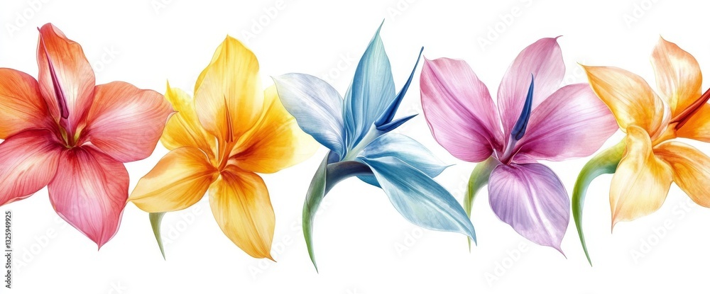 Fototapeta premium Tropical flowers with vibrant colors and distinctive shapes, set against a light background, providing space for text
