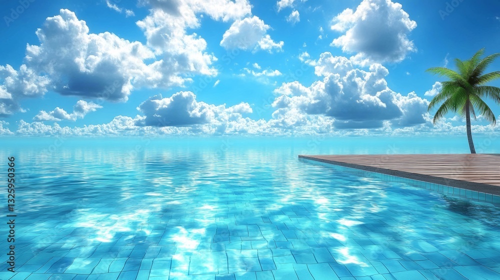 Fototapeta premium A wooden deck lies beneath a clear sky, with a tropical palm tree and calm blue ocean water, making it suitable for summer or travel themes, including Copy Space