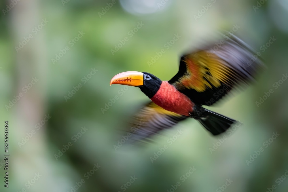 Fototapeta premium Colorful toucan in flight showcasing vibrant plumage in lush tropical environment